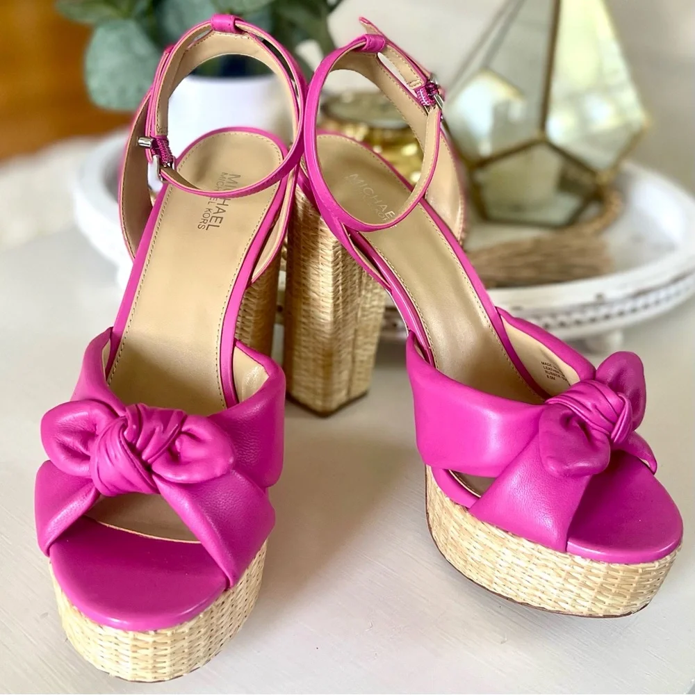 MICHAEL KORS Sadie Platform Leather Bow High Heeled Sandals Magenta Pink 8.5 - Picture 1 of 15